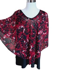 SUSAN LAWRENCE‎ Blouse Top Size XL Elegant Kimono Sleeves Silver Bling Red Black